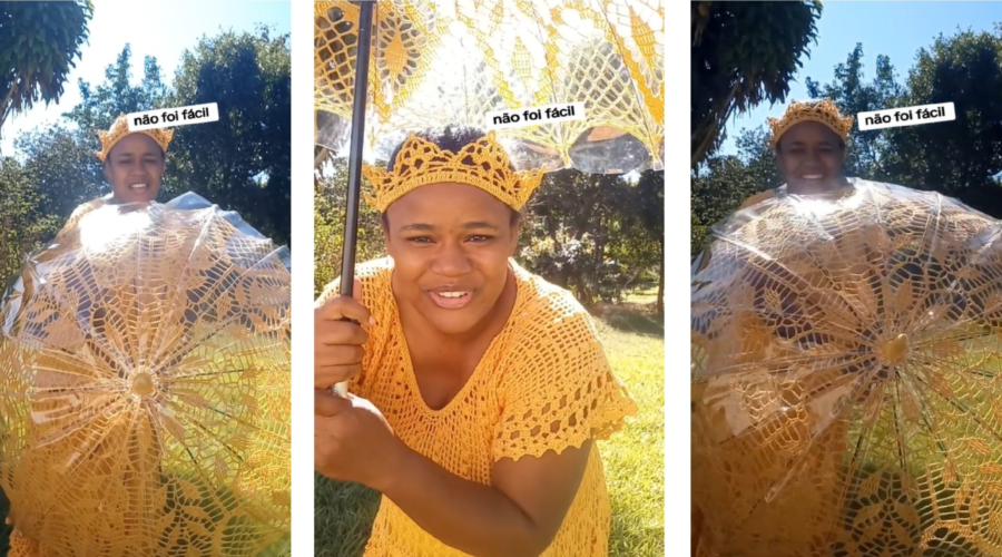 Guarda-chuva de crochê faz sucesso no TikTok e ajuda trabalhadora doméstica a complementar renda