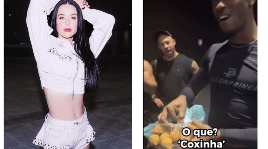 Katy Perry prova coxinha de supermercado carioca durante ensaio para o Rock in Rio e loja comenta