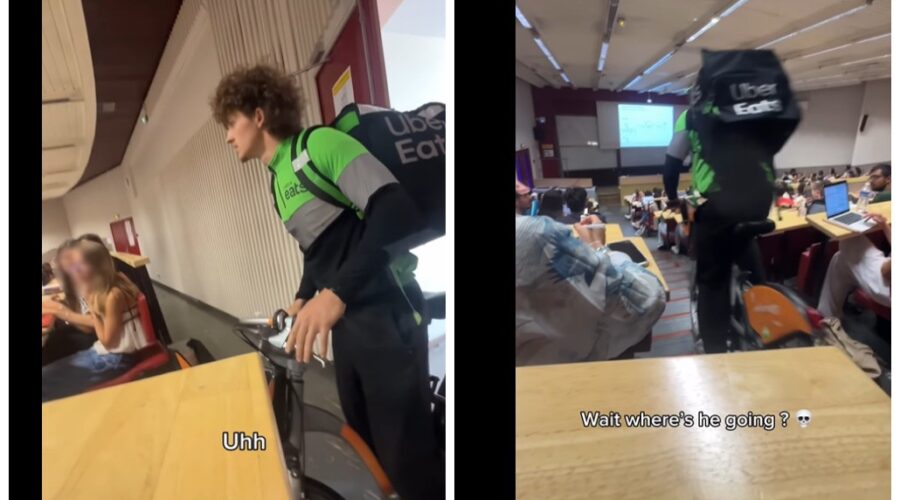 Entregador viraliza nas redes sociais ao entrar com delivery dentro de sala de aula