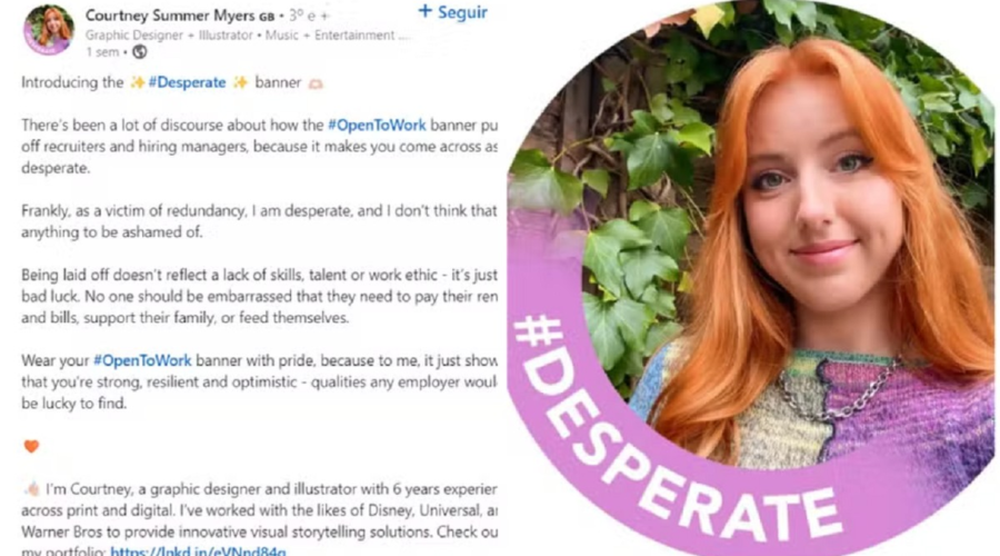 Designer viraliza ao adotar novo selo de recolocação profissional no LinkedIn: ‘#Desesperada’